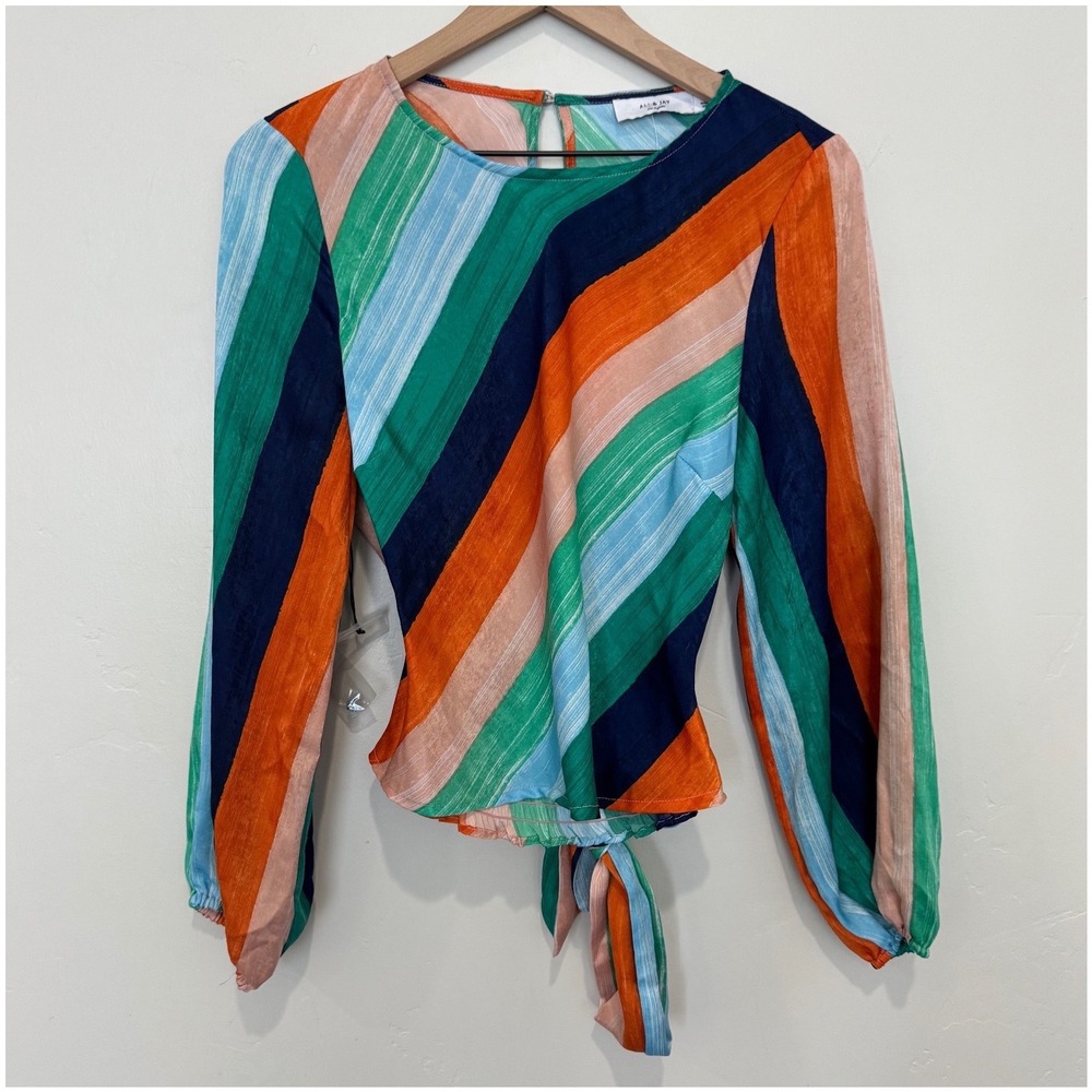 NWT Ali & Jay Striped Tie Waist Balloon Sleeve Blouse Maximalist Office Top M